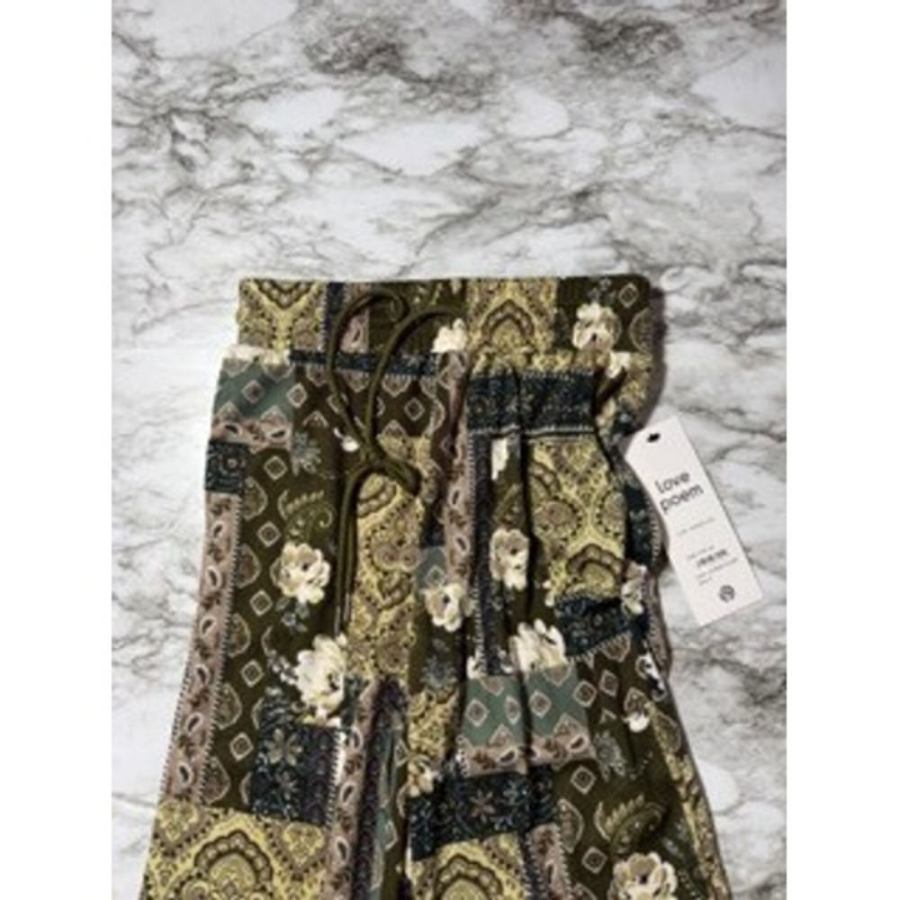 Love Poem Pants Women's Drawstring Waist Olive Green Patchwork Floral Wide Leg - Picture 2 of 7